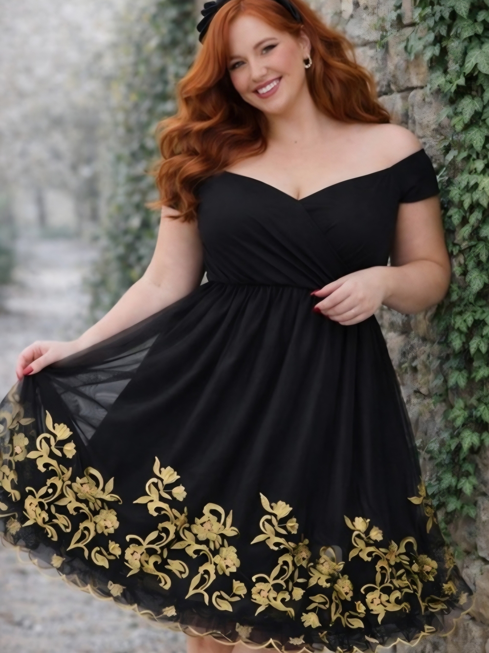 Elegant Black Off the Shoulder Dress with Gold Floral Embroidery